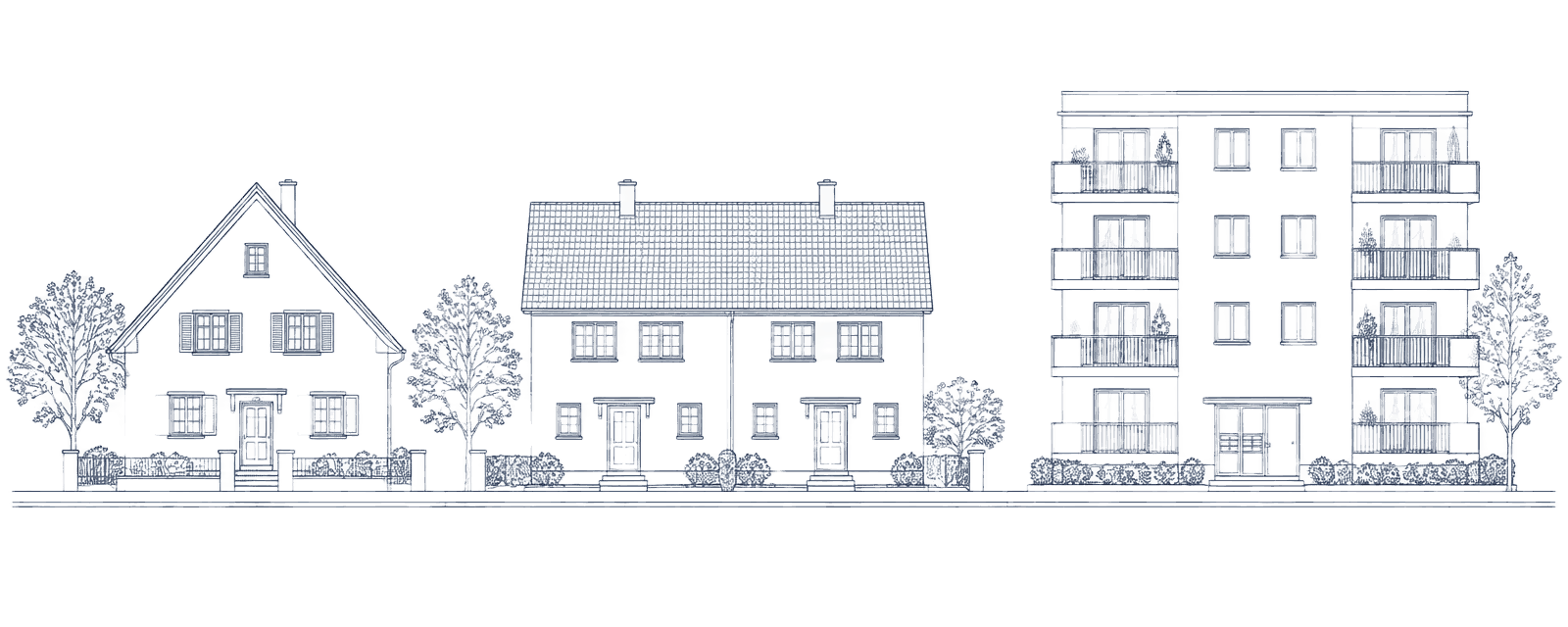 Architektonische Umrisszeichnung einer Wohnstraße mit Einfamilienhaus, Doppelhaus und Mehrfamilienhaus